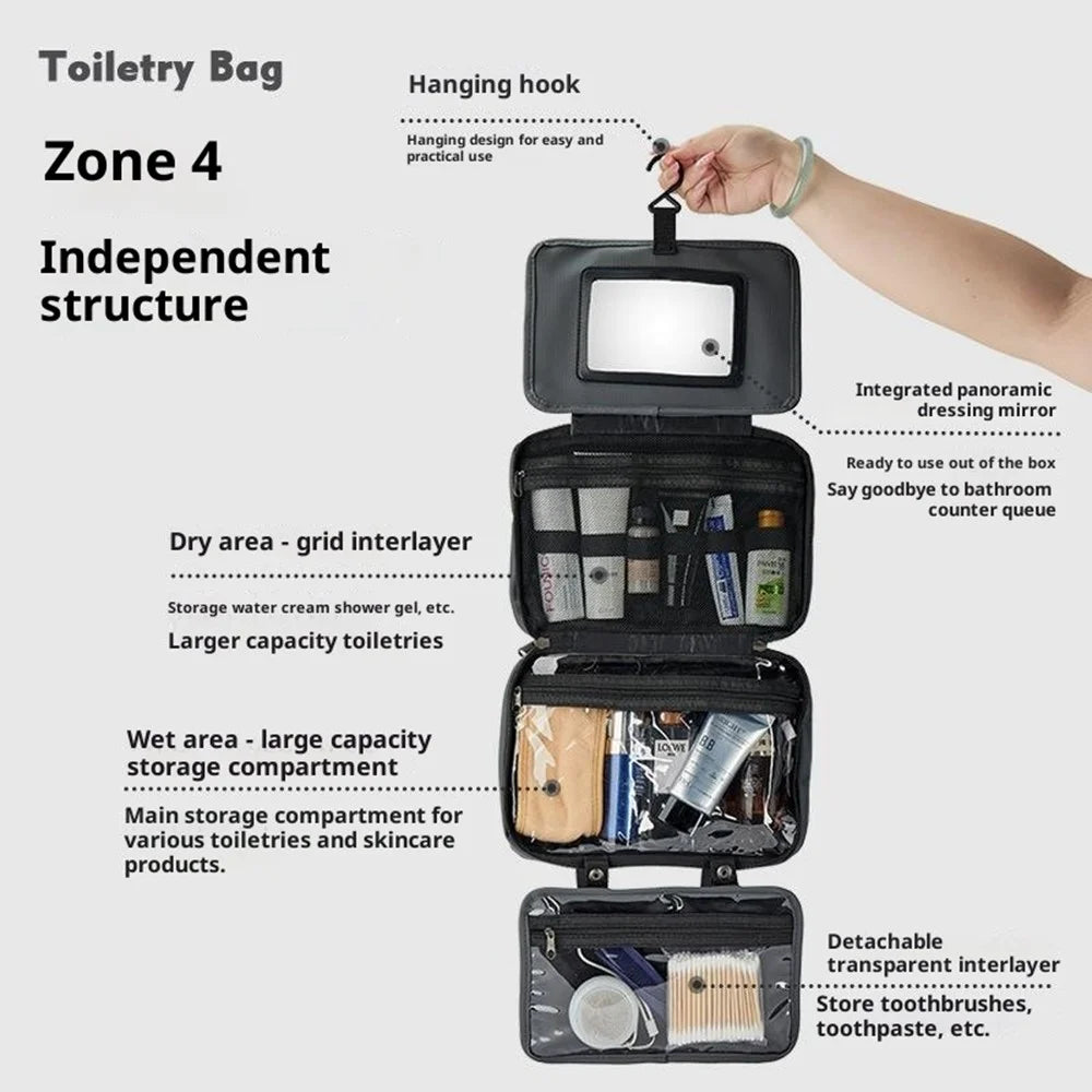 Waterproof Travel Toiletry Bag Built In Mirror Dry Wet Separation Foldable Cosmetic Organizer with Hanging Hook - Grey - 5