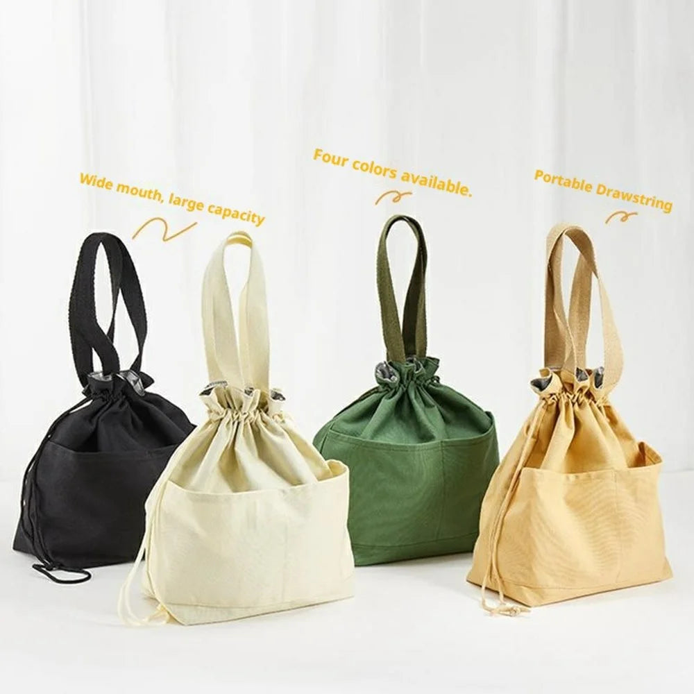 Canvas Lunch Bag Drawstring Insulated Tote for Work Picnic Portable Meal Container Carrier - Beige - 2