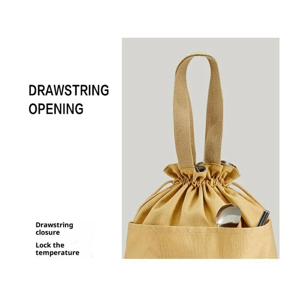 Canvas Lunch Bag Drawstring Insulated Tote for Work Picnic Portable Meal Container Carrier - Beige - 4