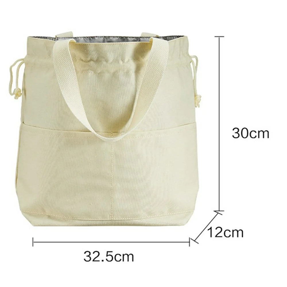 Canvas Lunch Bag Drawstring Insulated Tote for Work Picnic Portable Meal Container Carrier - Beige - 7