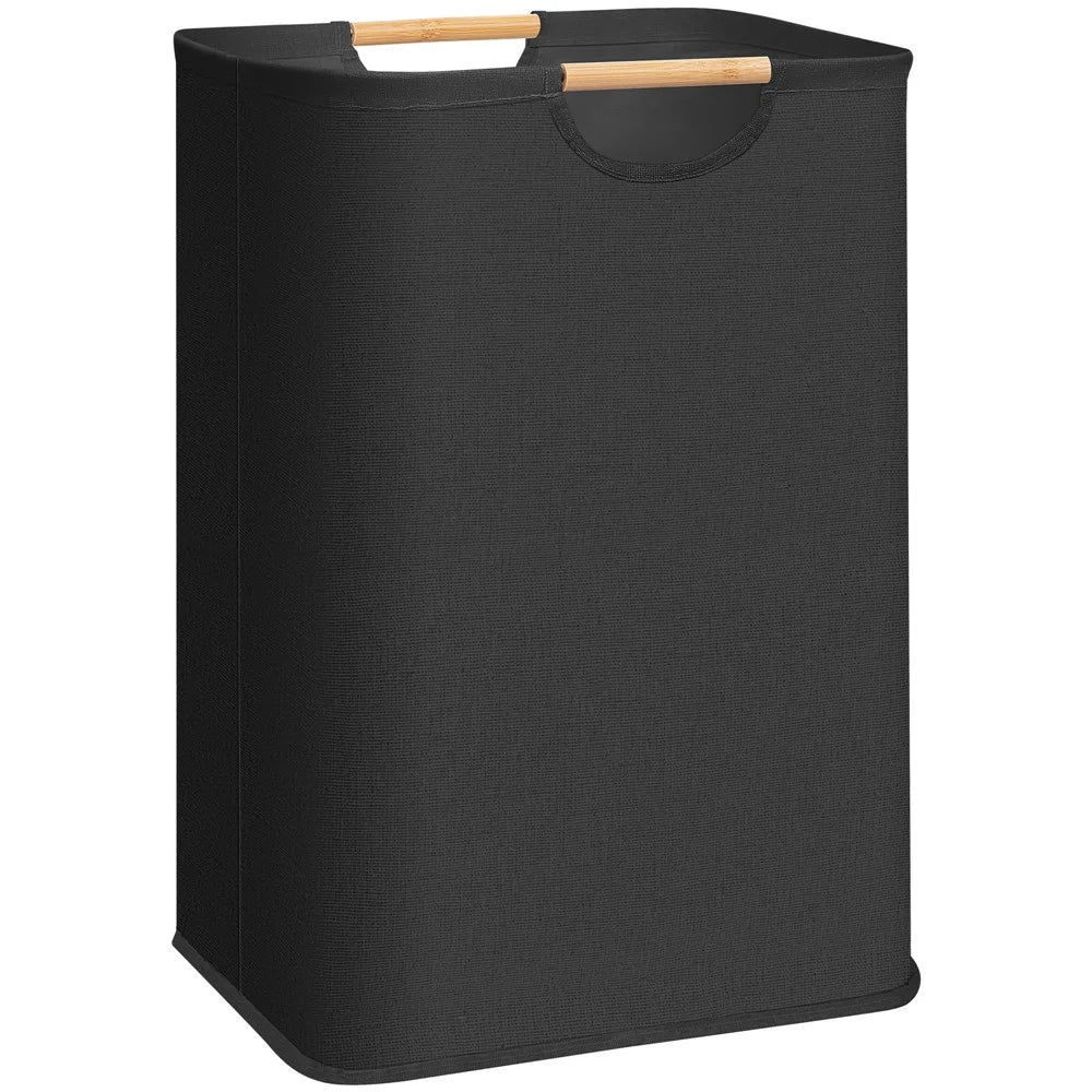 Medium 30×30×40cm Large Capacity Foldable Laundry Basket Fabric Storage Hamper with Wooden Handle - Black - 1