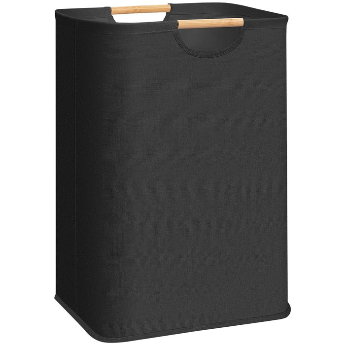 Large 40×30×60cm Large Capacity Foldable Laundry Basket Fabric Storage Hamper with Wooden Handle - Black - 1