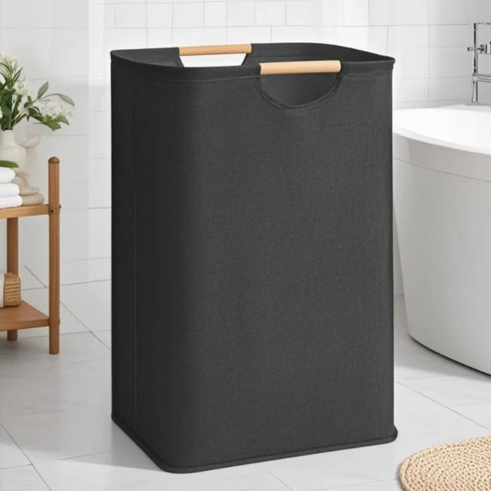 Large 40×30×60cm Large Capacity Foldable Laundry Basket Fabric Storage Hamper with Wooden Handle - Black - 2