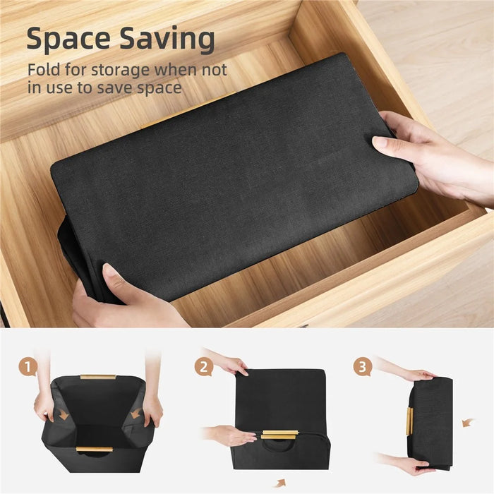 Large 40×30×60cm Large Capacity Foldable Laundry Basket Fabric Storage Hamper with Wooden Handle - Black - 4