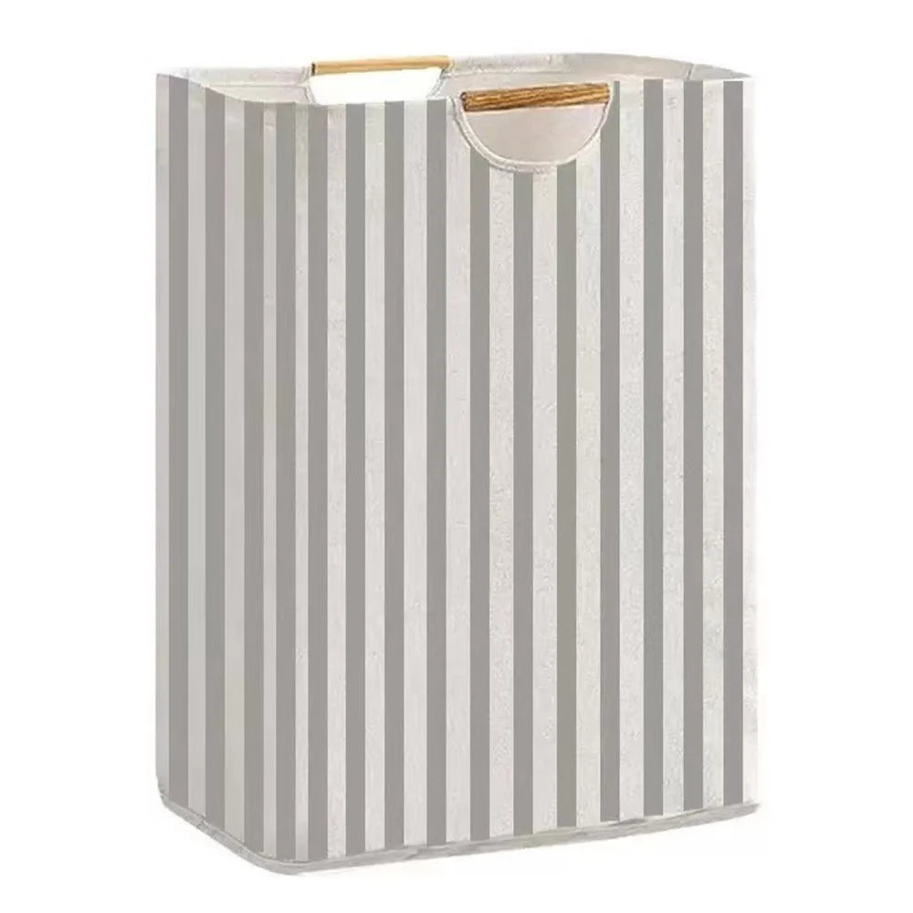 30×30×40cm Foldable Wooden Handle Laundry Hamper Large Capacity Fabric Storage Basket - Vertical Stripes - 1