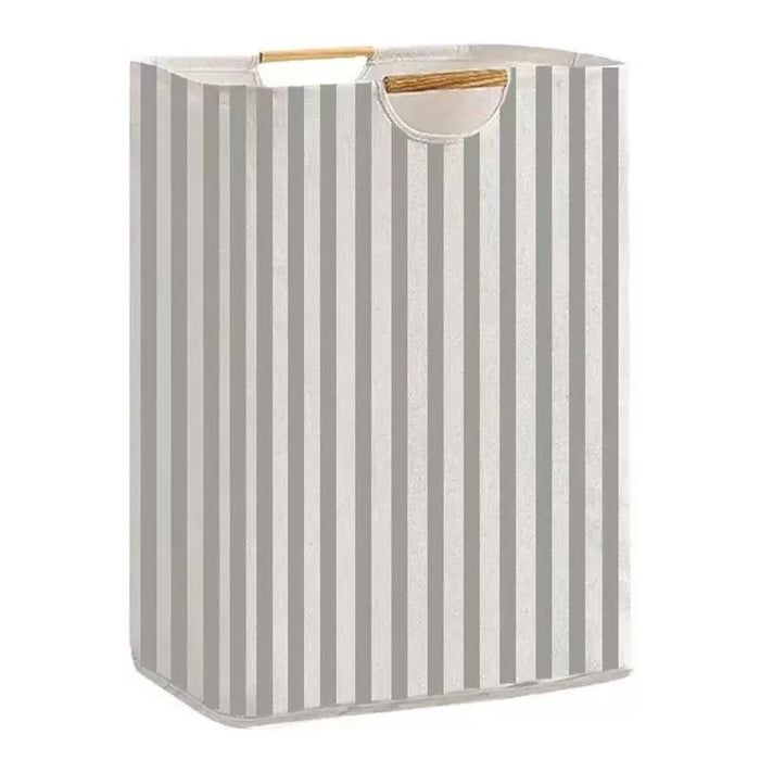 30×30×40cm Foldable Wooden Handle Laundry Hamper Large Capacity Fabric Storage Basket - Vertical Stripes - 1