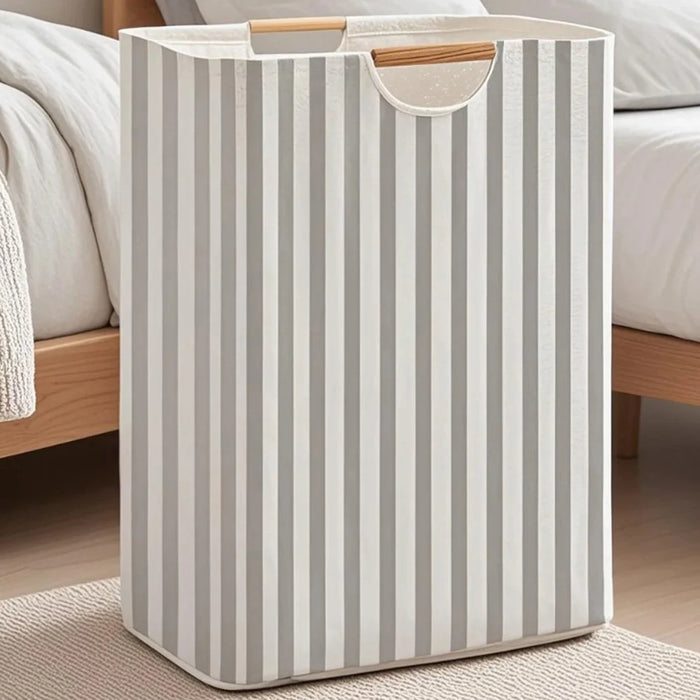 30×30×40cm Foldable Wooden Handle Laundry Hamper Large Capacity Fabric Storage Basket - Vertical Stripes - 2