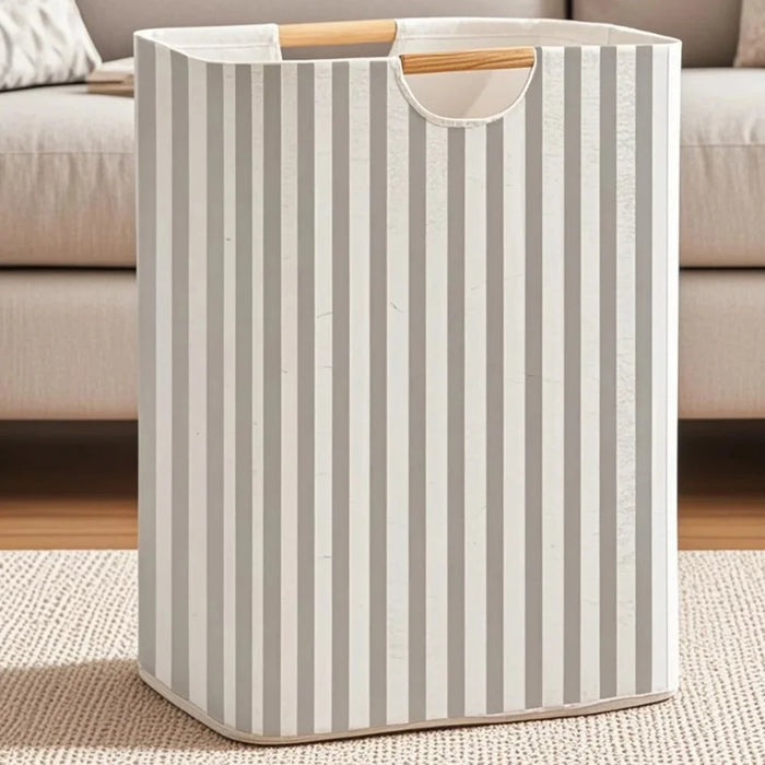 30×30×40cm Foldable Wooden Handle Laundry Hamper Large Capacity Fabric Storage Basket - Vertical Stripes - 3