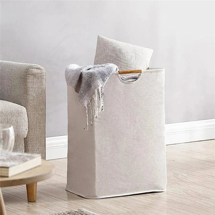 30×30×40cm Foldable Wooden Handle Laundry Hamper Large Capacity Fabric Storage Basket - Vertical Stripes - 5