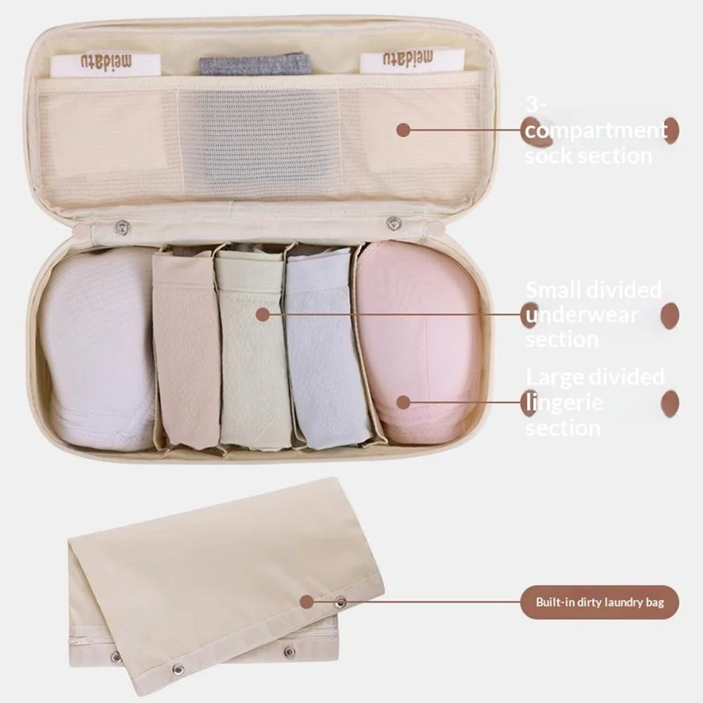 3 in 1 Large Capacity Bra Organizer Travel Underwear Socks Storage Bag Clothes Packing Cube - Beige - 3