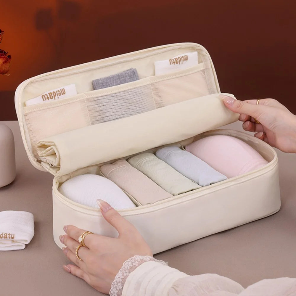3 in 1 Large Capacity Bra Organizer Travel Underwear Socks Storage Bag Clothes Packing Cube - Beige - 7
