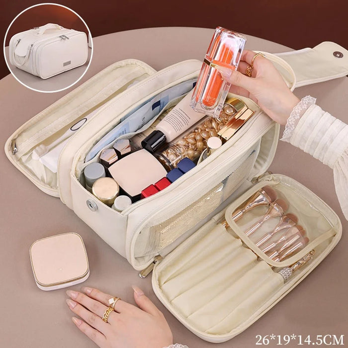 8099 Large Capacity Cosmetic Bag Portable Travel Makeup Organizer with Mesh Pockets Water-Resistant - Beige - 2