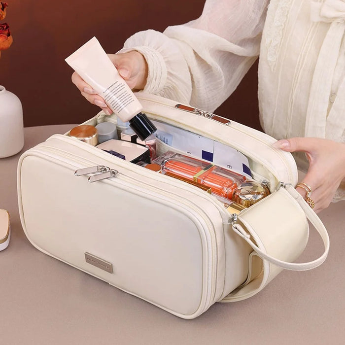 8099 Large Capacity Cosmetic Bag Portable Travel Makeup Organizer with Mesh Pockets Water-Resistant - Beige - 3