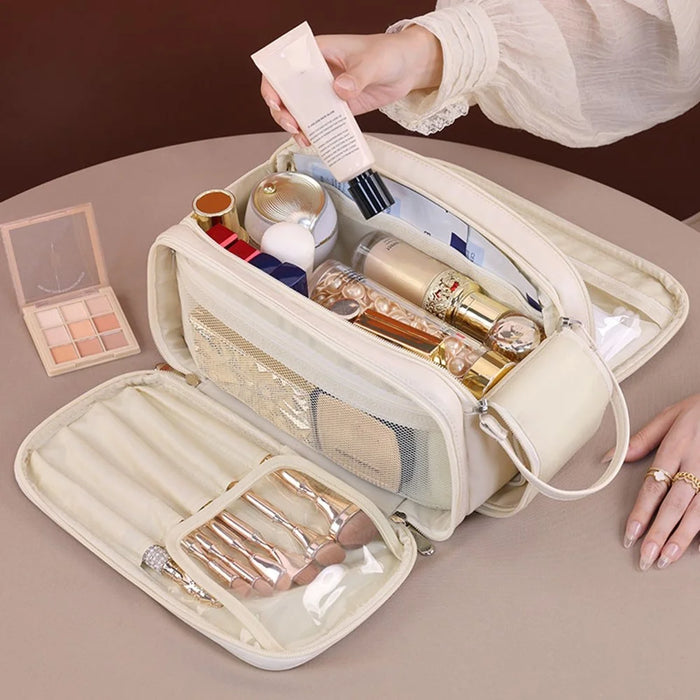 8099 Large Capacity Cosmetic Bag Portable Travel Makeup Organizer with Mesh Pockets Water-Resistant - Beige - 5