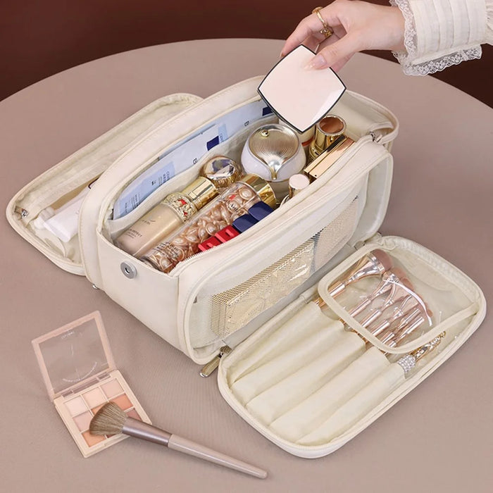 8099 Large Capacity Cosmetic Bag Portable Travel Makeup Organizer with Mesh Pockets Water-Resistant - Beige - 6