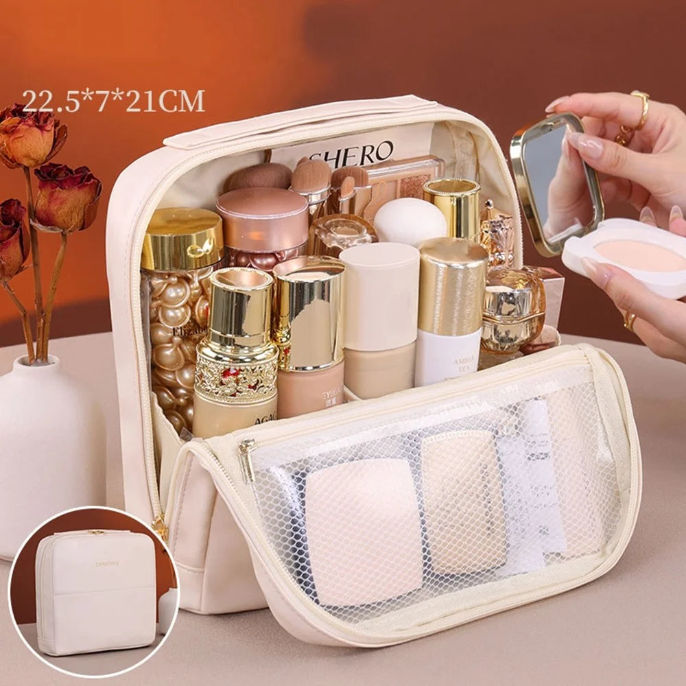 8101 Large Capacity Magnetic Standing Cosmetic Bag Travel Waterproof Leather Organizer with Multi-Pocket - Beige - 2