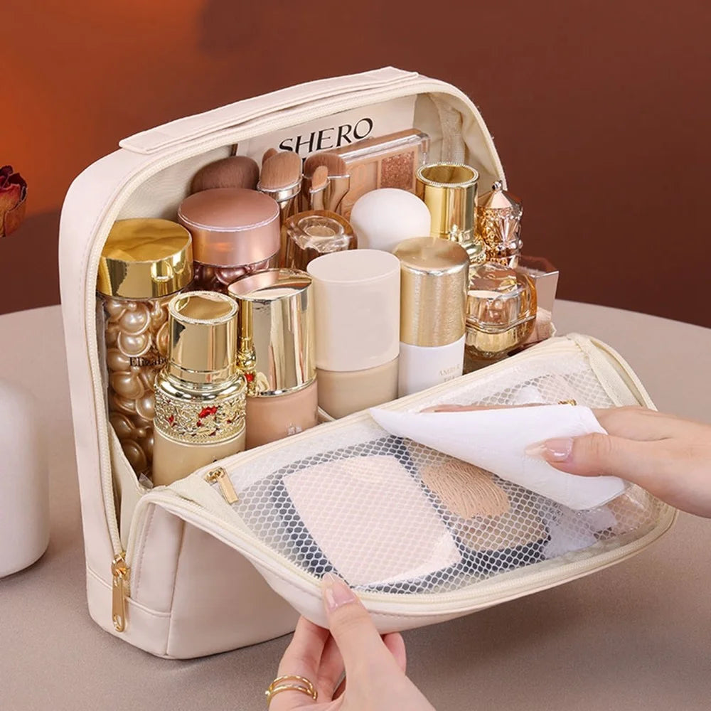 8101 Large Capacity Magnetic Standing Cosmetic Bag Travel Waterproof Leather Organizer with Multi-Pocket - Beige - 3