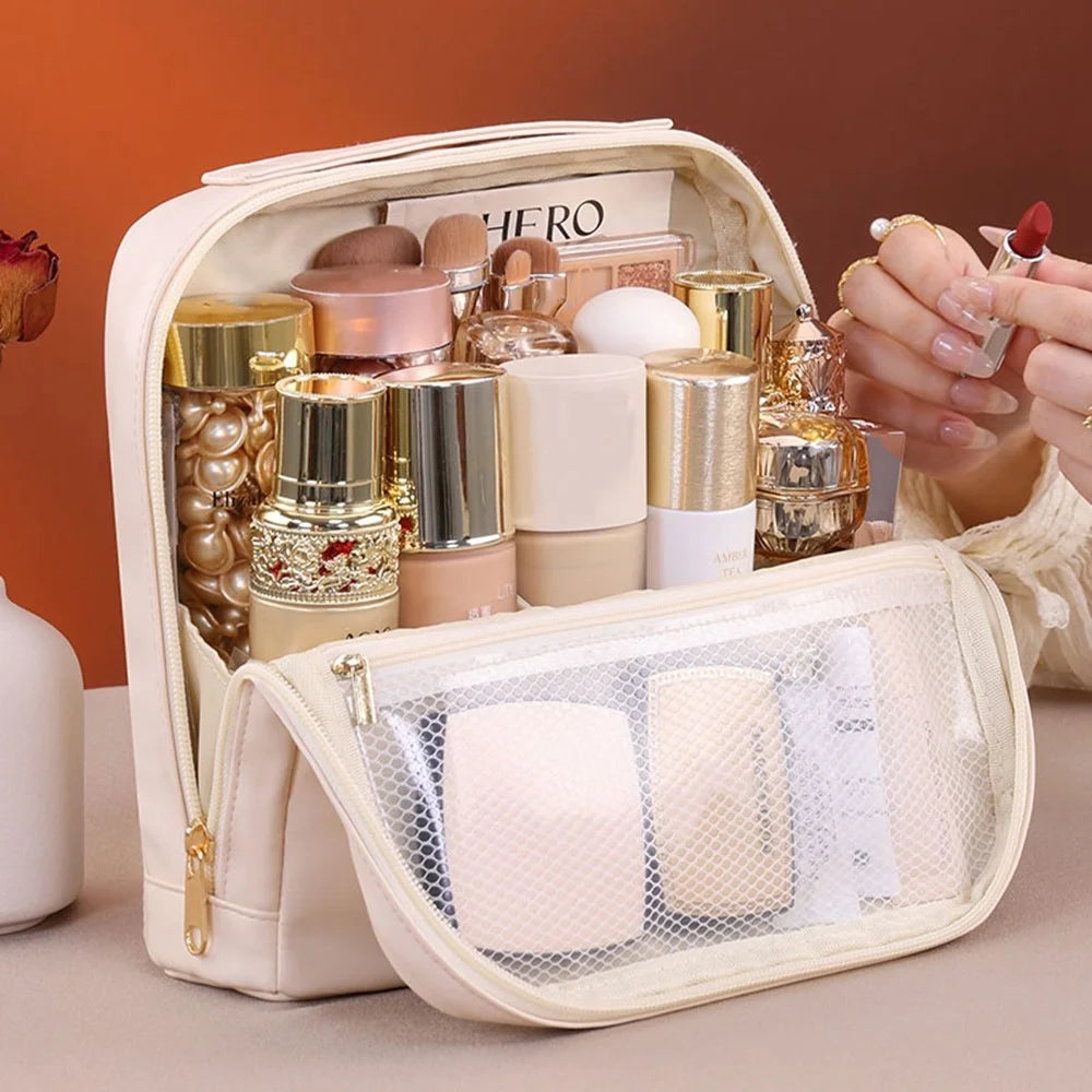8101 Large Capacity Magnetic Standing Cosmetic Bag Travel Waterproof Leather Organizer with Multi-Pocket - Beige - 4