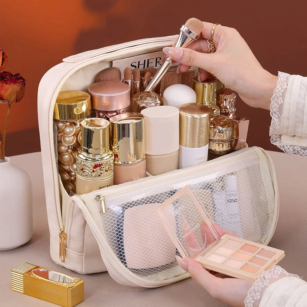 8101 Large Capacity Magnetic Standing Cosmetic Bag Travel Waterproof Leather Organizer with Multi-Pocket - Beige - 5