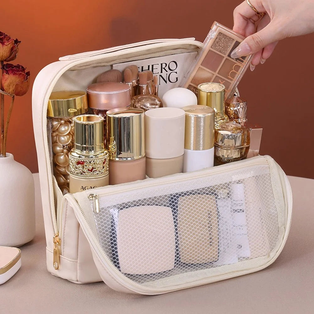 8101 Large Capacity Magnetic Standing Cosmetic Bag Travel Waterproof Leather Organizer with Multi-Pocket - Beige - 6
