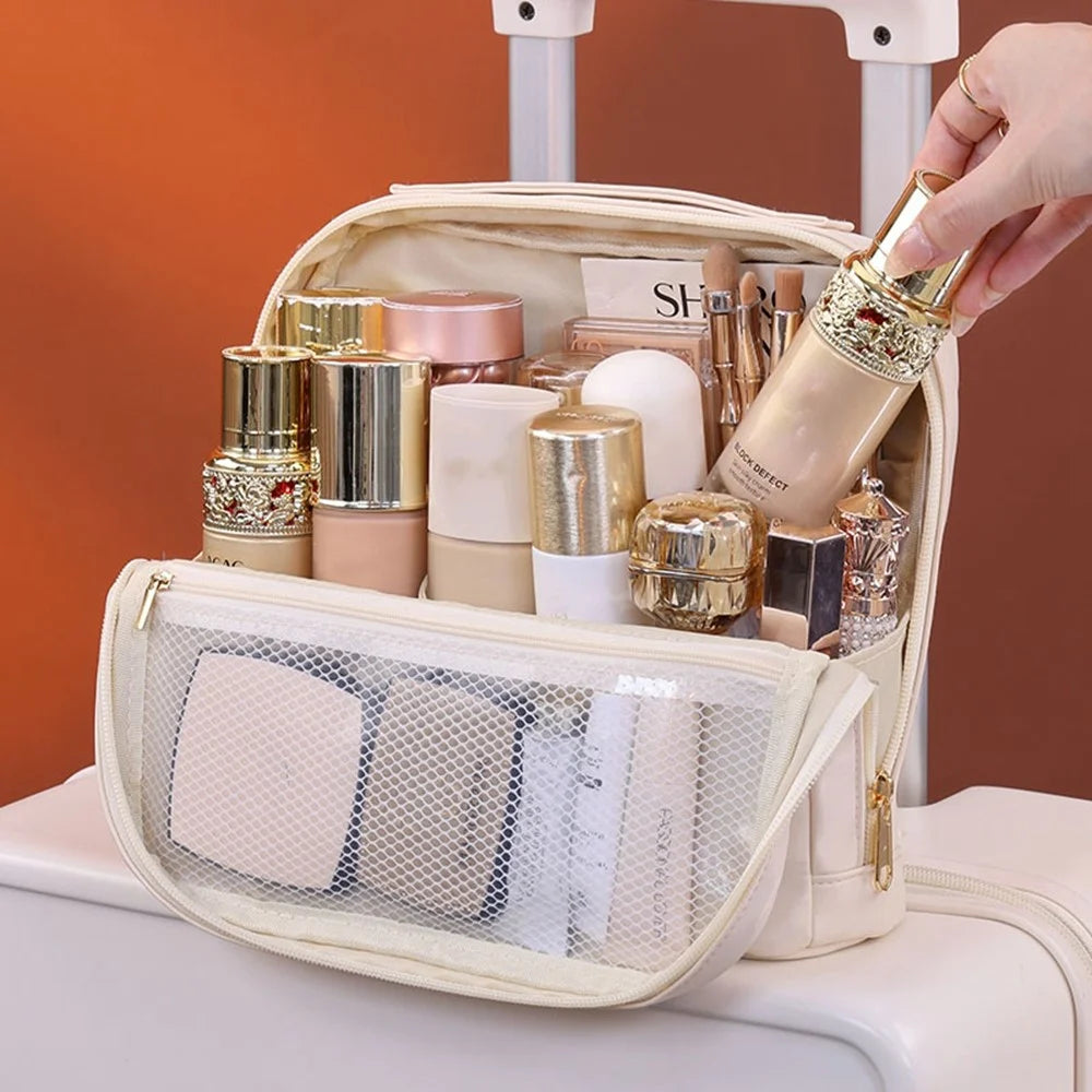 8101 Large Capacity Magnetic Standing Cosmetic Bag Travel Waterproof Leather Organizer with Multi-Pocket - Beige - 7