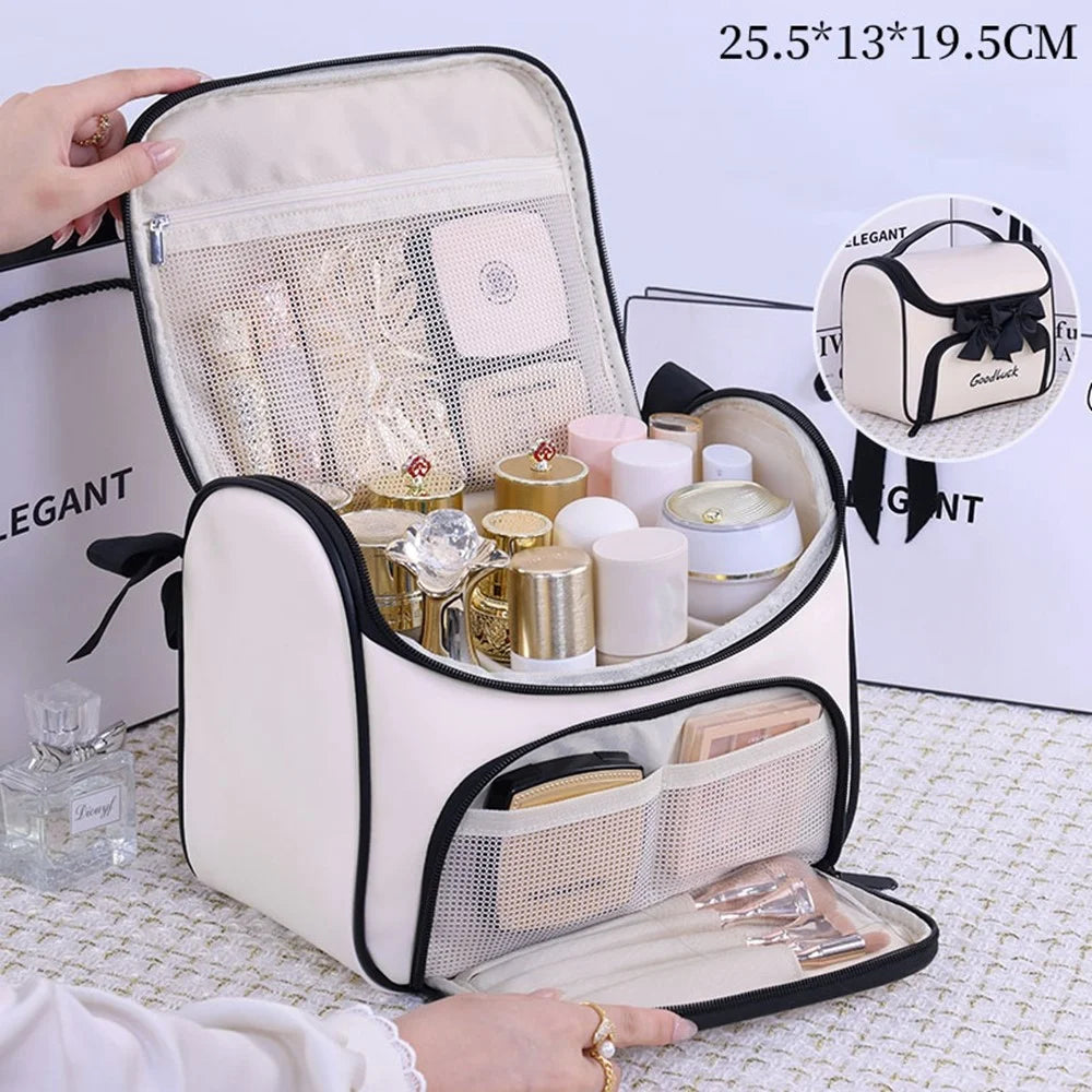8090 PU Leather Travel Makeup Storage Bag Large Capacity Cosmetic Case Portable Skincare Organizer - White - 2
