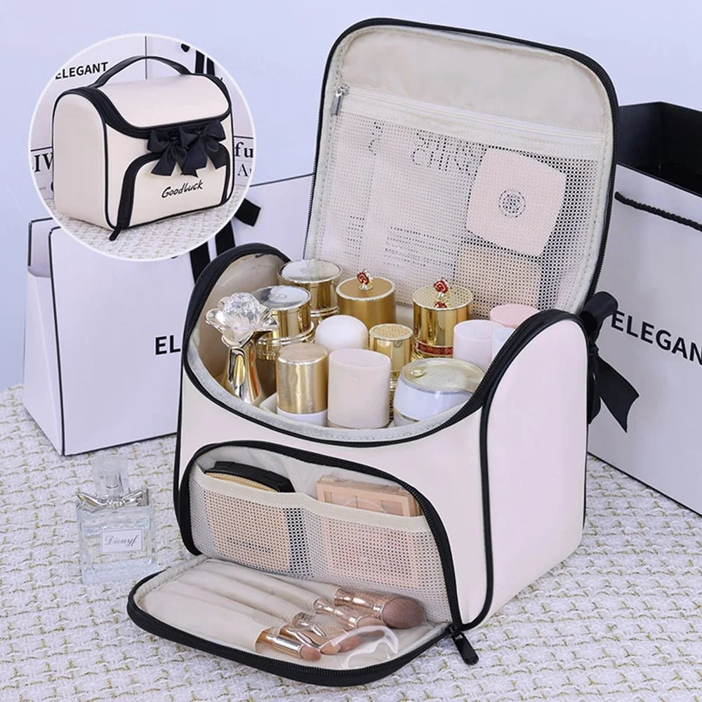 8090 PU Leather Travel Makeup Storage Bag Large Capacity Cosmetic Case Portable Skincare Organizer - White - 3