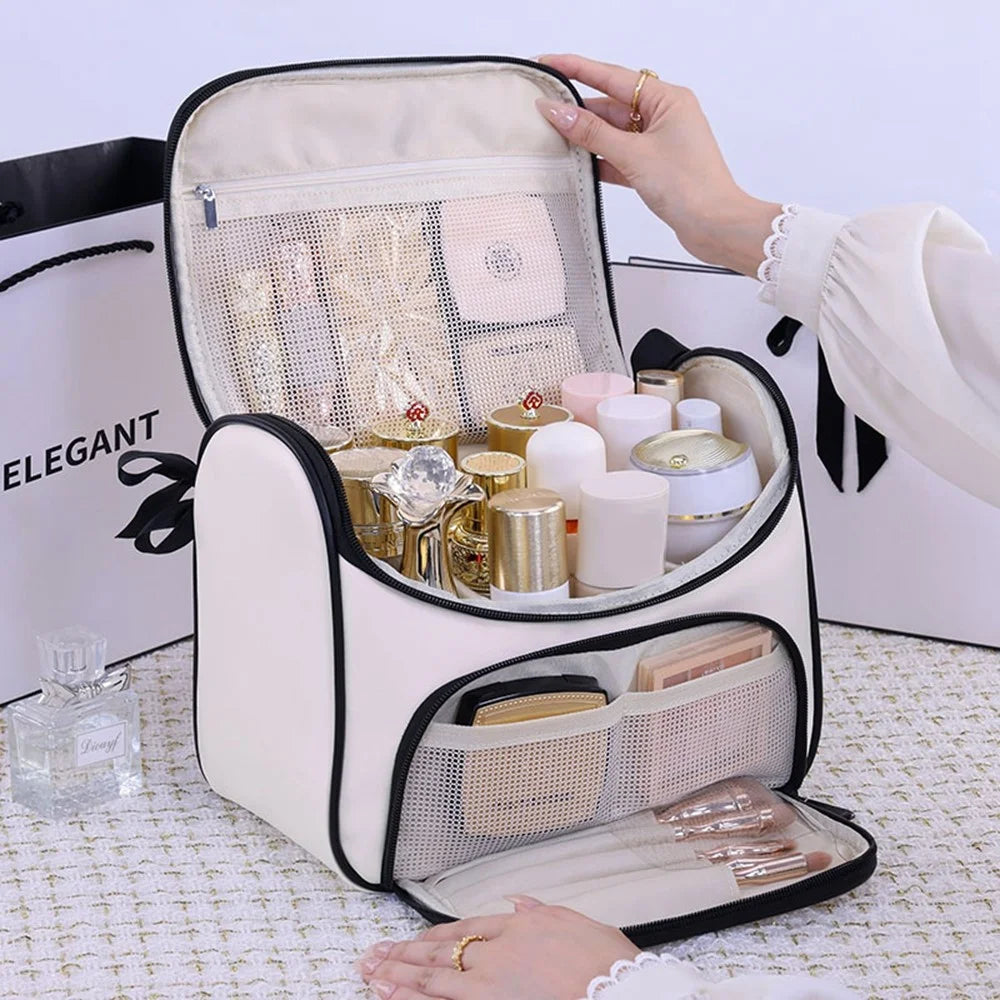 8090 PU Leather Travel Makeup Storage Bag Large Capacity Cosmetic Case Portable Skincare Organizer - White - 6