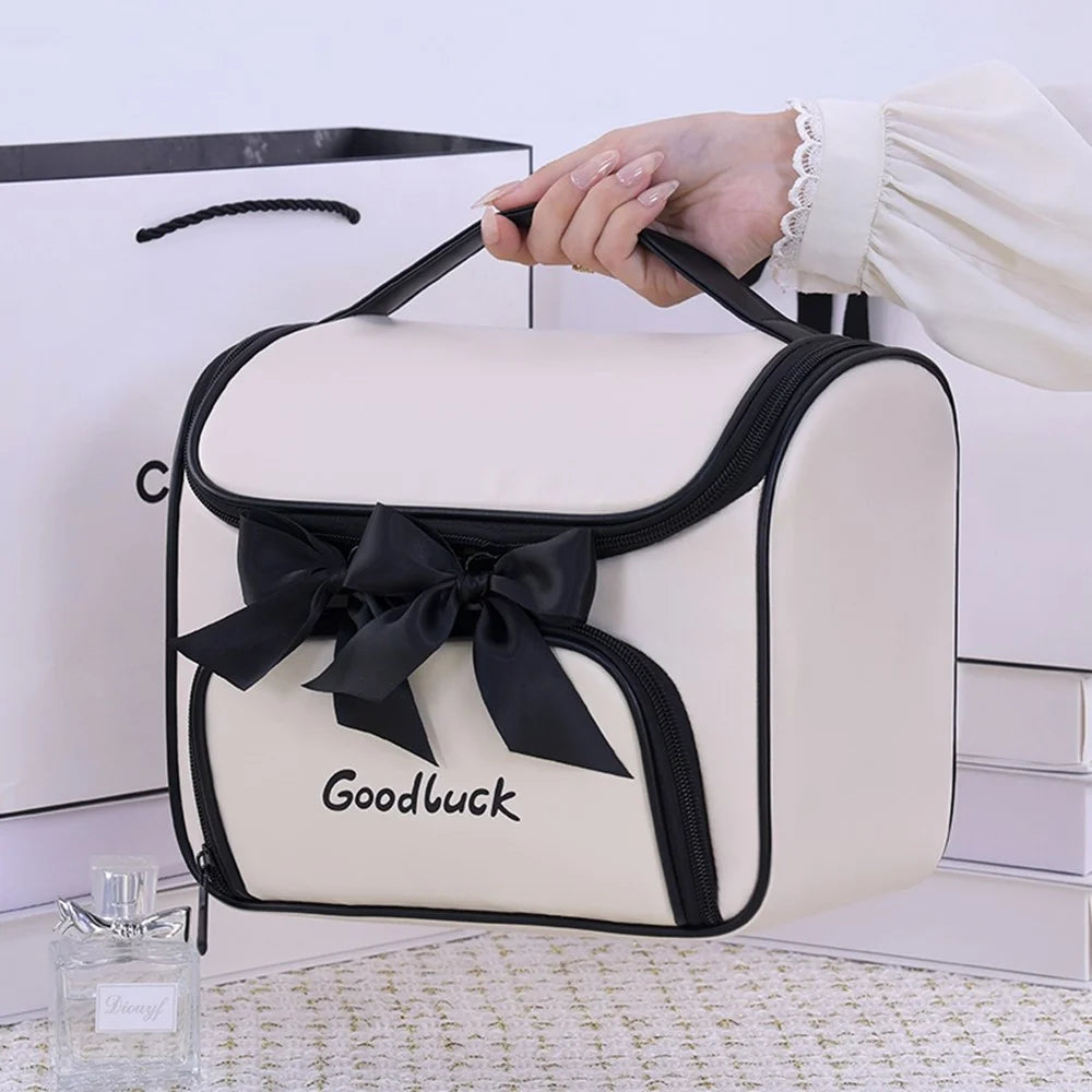 8090 PU Leather Travel Makeup Storage Bag Large Capacity Cosmetic Case Portable Skincare Organizer - White - 7
