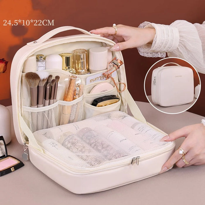8098 Large Capacity Portable Makeup Bag For Travel Luxury Toiletry Organizer Double Layer Waterproof Cosmetic Case - Beige - 2