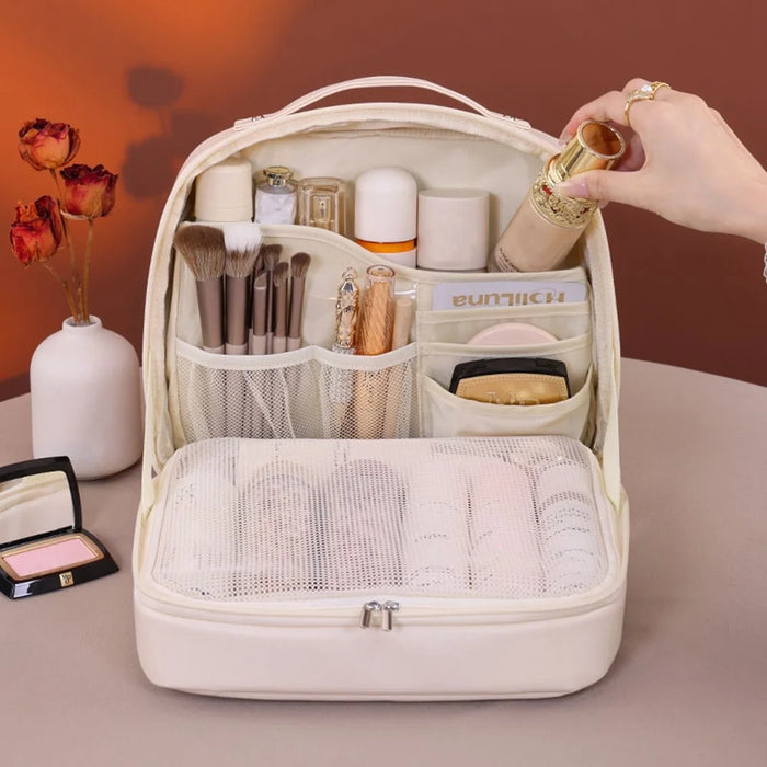 8098 Large Capacity Portable Makeup Bag For Travel Luxury Toiletry Organizer Double Layer Waterproof Cosmetic Case - Beige - 3