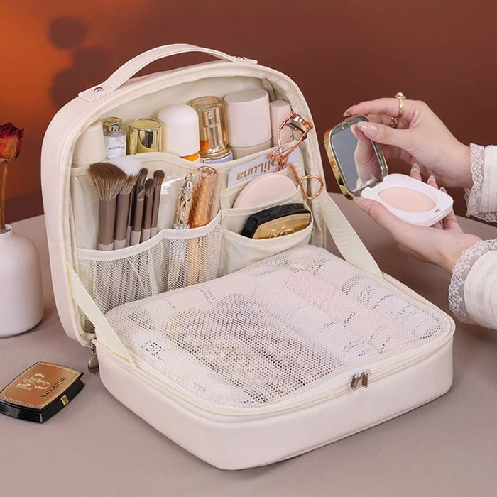 8098 Large Capacity Portable Makeup Bag For Travel Luxury Toiletry Organizer Double Layer Waterproof Cosmetic Case - Beige - 4