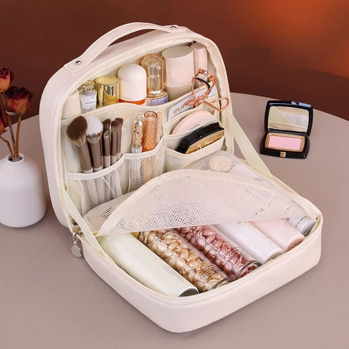 8098 Large Capacity Portable Makeup Bag For Travel Luxury Toiletry Organizer Double Layer Waterproof Cosmetic Case - Beige - 7
