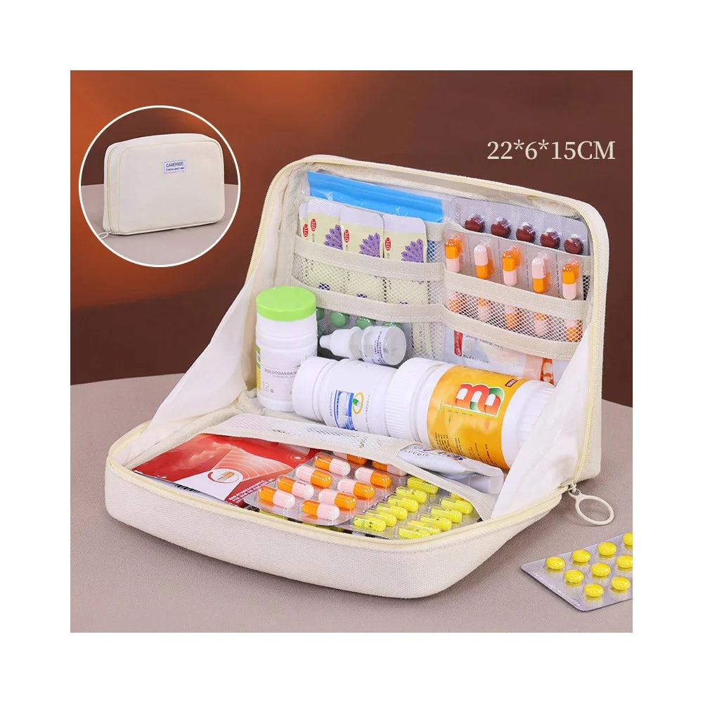 3003 Canvas Household Medicine Storage Bag Large Capacity Medical Organizer Portable Pills Bag with Multiple Compartments - Beige - 2