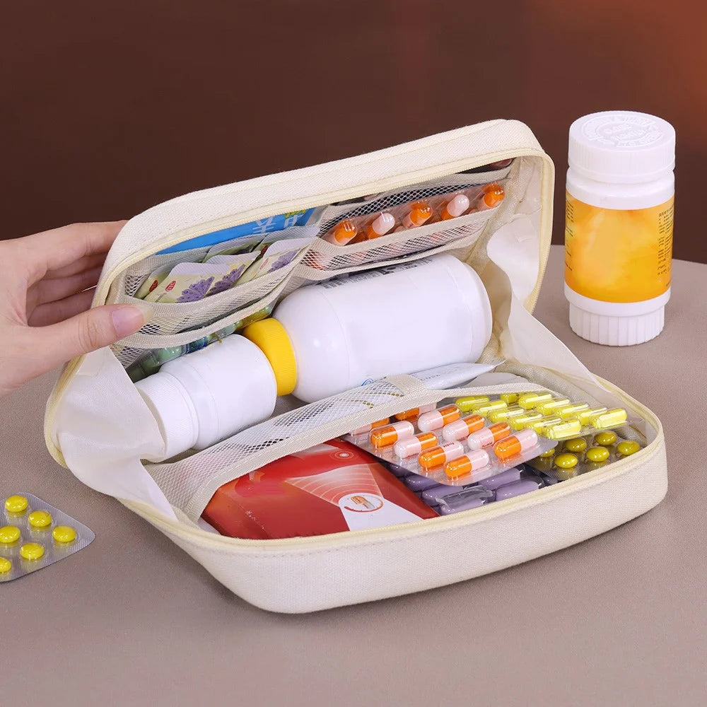 3003 Canvas Household Medicine Storage Bag Large Capacity Medical Organizer Portable Pills Bag with Multiple Compartments - Beige - 3