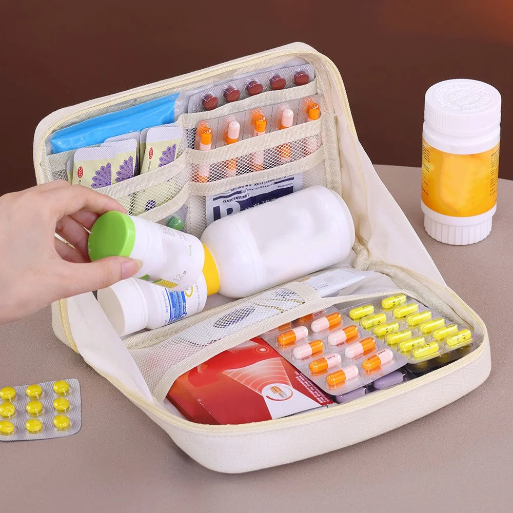 3003 Canvas Household Medicine Storage Bag Large Capacity Medical Organizer Portable Pills Bag with Multiple Compartments - Beige - 4