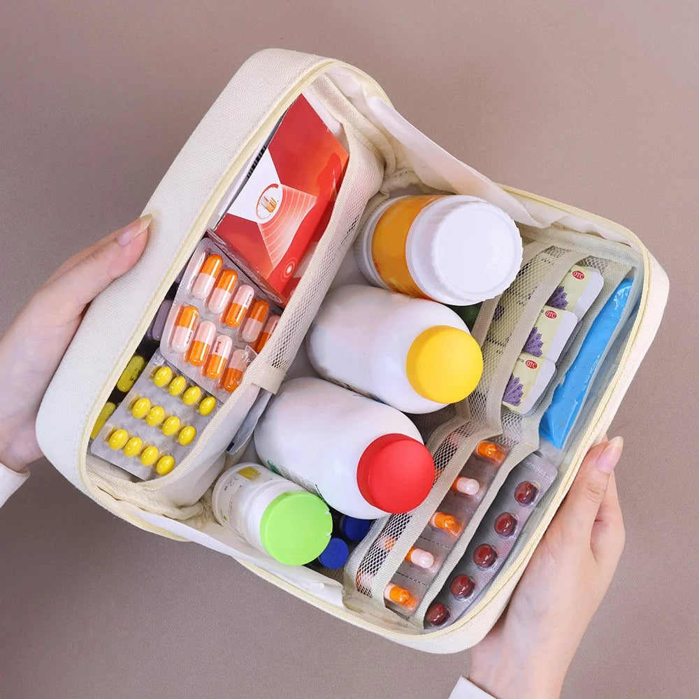 3003 Canvas Household Medicine Storage Bag Large Capacity Medical Organizer Portable Pills Bag with Multiple Compartments - Beige - 5