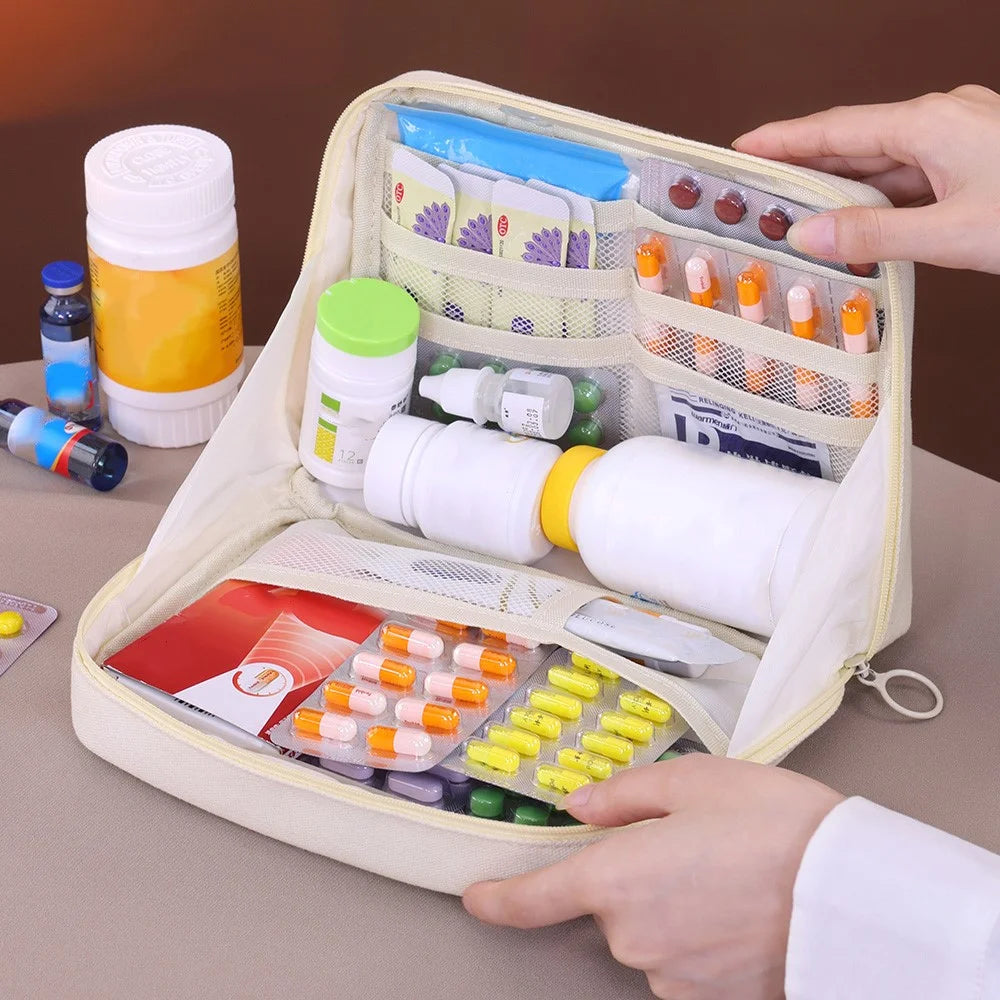 3003 Canvas Household Medicine Storage Bag Large Capacity Medical Organizer Portable Pills Bag with Multiple Compartments - Beige - 6