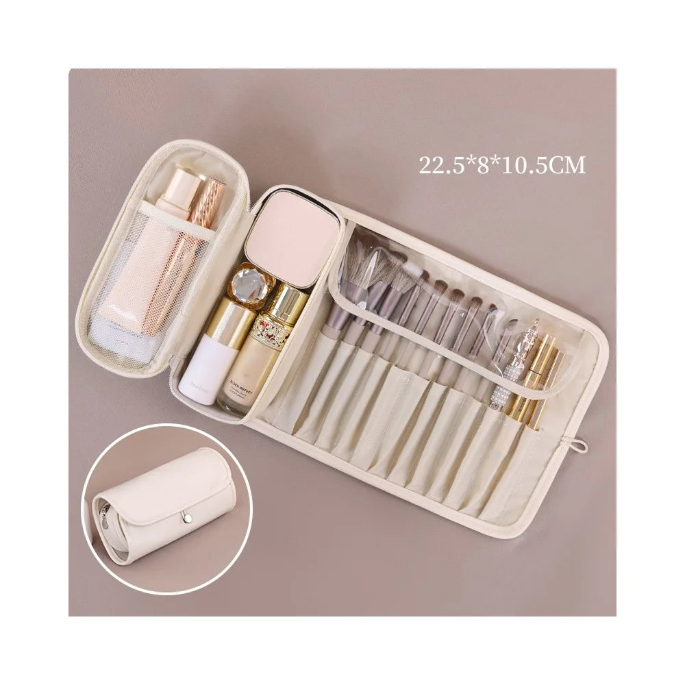 8094 PU Leather Makeup Brush Storage Bag Waterproof Foldable Cosmetic Bag Large Capacity Organizer with Mesh Pockets - White - 2