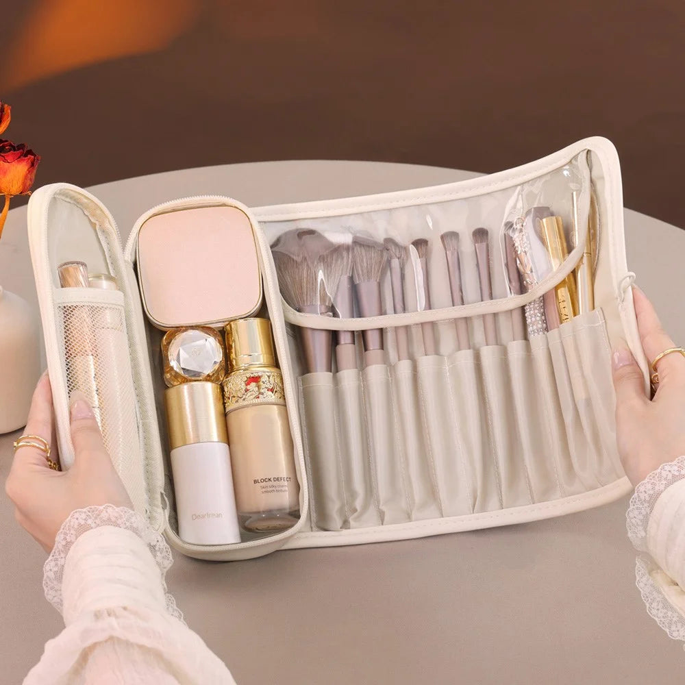 8094 PU Leather Makeup Brush Storage Bag Waterproof Foldable Cosmetic Bag Large Capacity Organizer with Mesh Pockets - White - 4