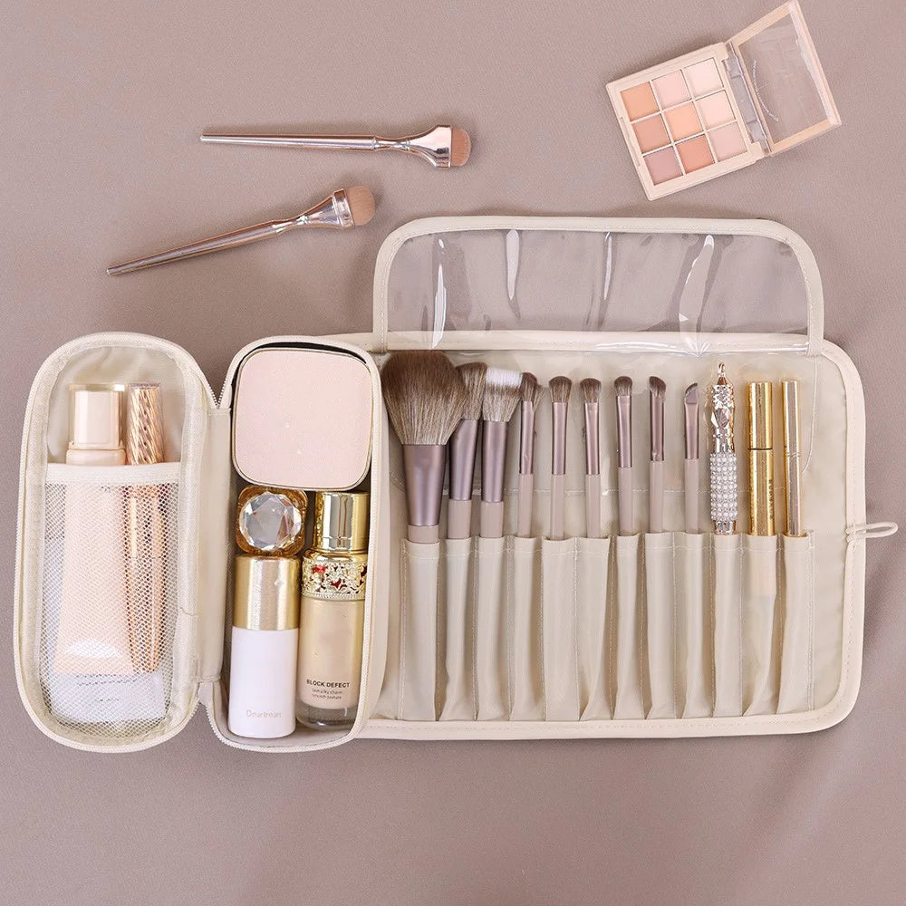 8094 PU Leather Makeup Brush Storage Bag Waterproof Foldable Cosmetic Bag Large Capacity Organizer with Mesh Pockets - White - 5