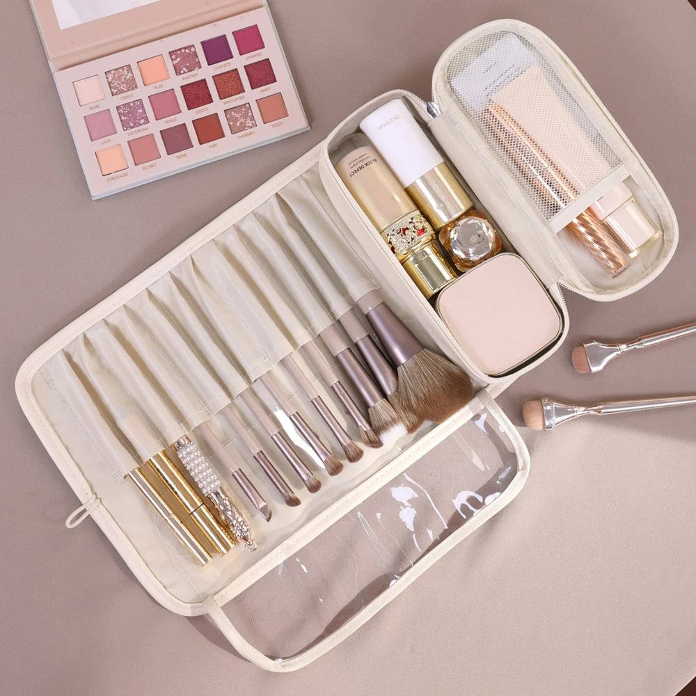 8094 PU Leather Makeup Brush Storage Bag Waterproof Foldable Cosmetic Bag Large Capacity Organizer with Mesh Pockets - White - 6