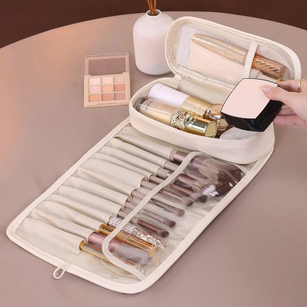 8094 PU Leather Makeup Brush Storage Bag Waterproof Foldable Cosmetic Bag Large Capacity Organizer with Mesh Pockets - White - 7