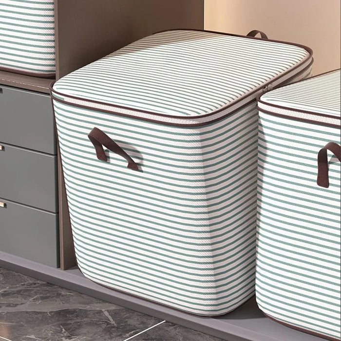 100L Large Capacity Stripe Storage Bag Foldable Luggage Bag Moisture-Proof Clothes Organizer with Double Zipper and Handles - Green Stripe - 4