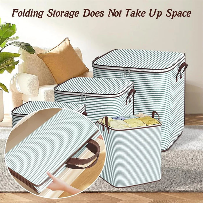 140L Large Capacity Stripe Storage Bag Foldable Luggage Bag Moisture-Proof Clothes Organizer with Double Zipper and Handles - Green Stripe - 6