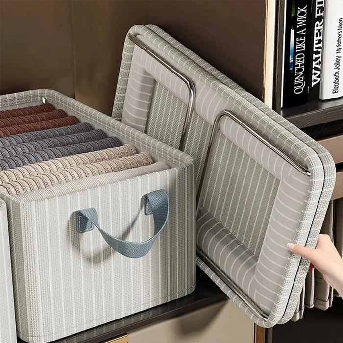 Striped Steel Frame Storage Box Stackable Clothes Container Wardrobe Organizer with Side Handles for Home - Beige Stripe - 3