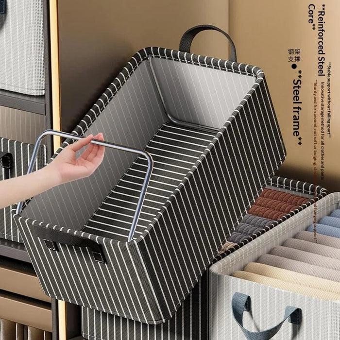 Striped Steel Frame Storage Box Stackable Clothes Container Wardrobe Organizer with Side Handles for Home - Beige Stripe - 4
