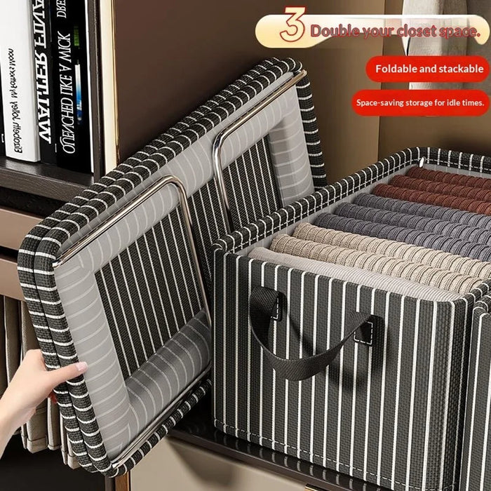 Striped Steel Frame Storage Box Stackable Clothes Container Wardrobe Organizer with Side Handles for Home - Beige Stripe - 5