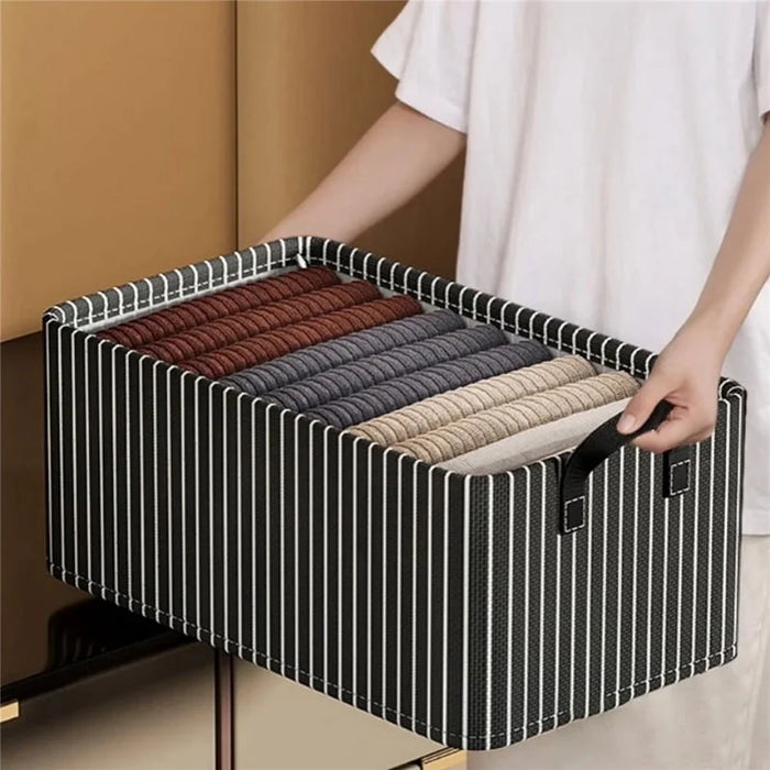 Striped Steel Frame Storage Box Stackable Clothes Container Wardrobe Organizer with Side Handles for Home - Beige Stripe - 6