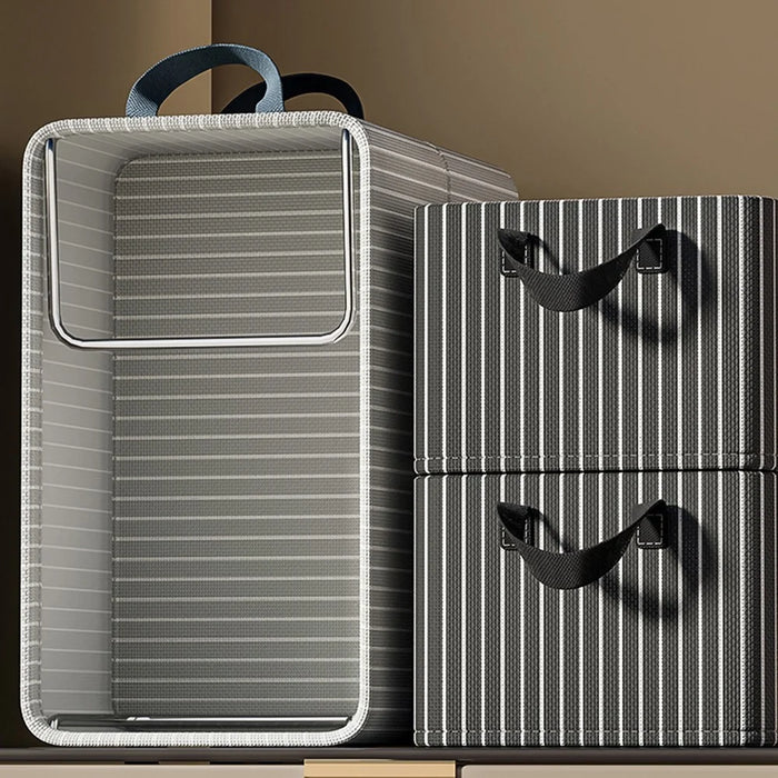 Striped Steel Frame Storage Box Stackable Clothes Container Wardrobe Organizer with Side Handles for Home - Beige Stripe - 7